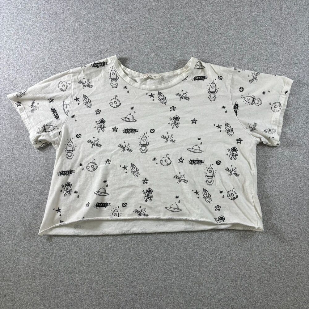 French Pastry Women’s XL Space Print Crop T-Shirt White Raw Hem Graphic Tee